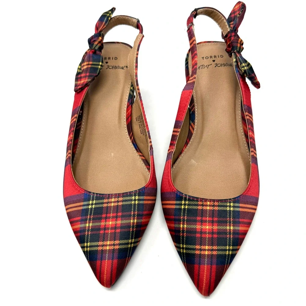 Betsey Johnson Torrid Red Plaid Slingback Block Heels Rhinestone Bow Pumps 8W‎